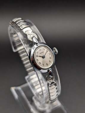 Vintage Acqua Silver-Tone Mechanical Ladies Watch, Dainty Expansion Stretch Band